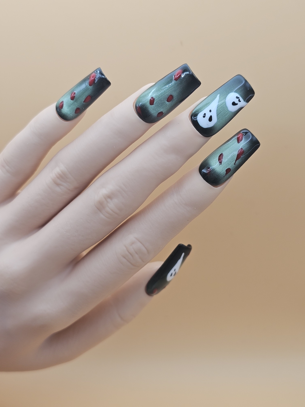 Press-on Nails Set 10pc Size Large Halloween Square Ghost Blood Green Cateye